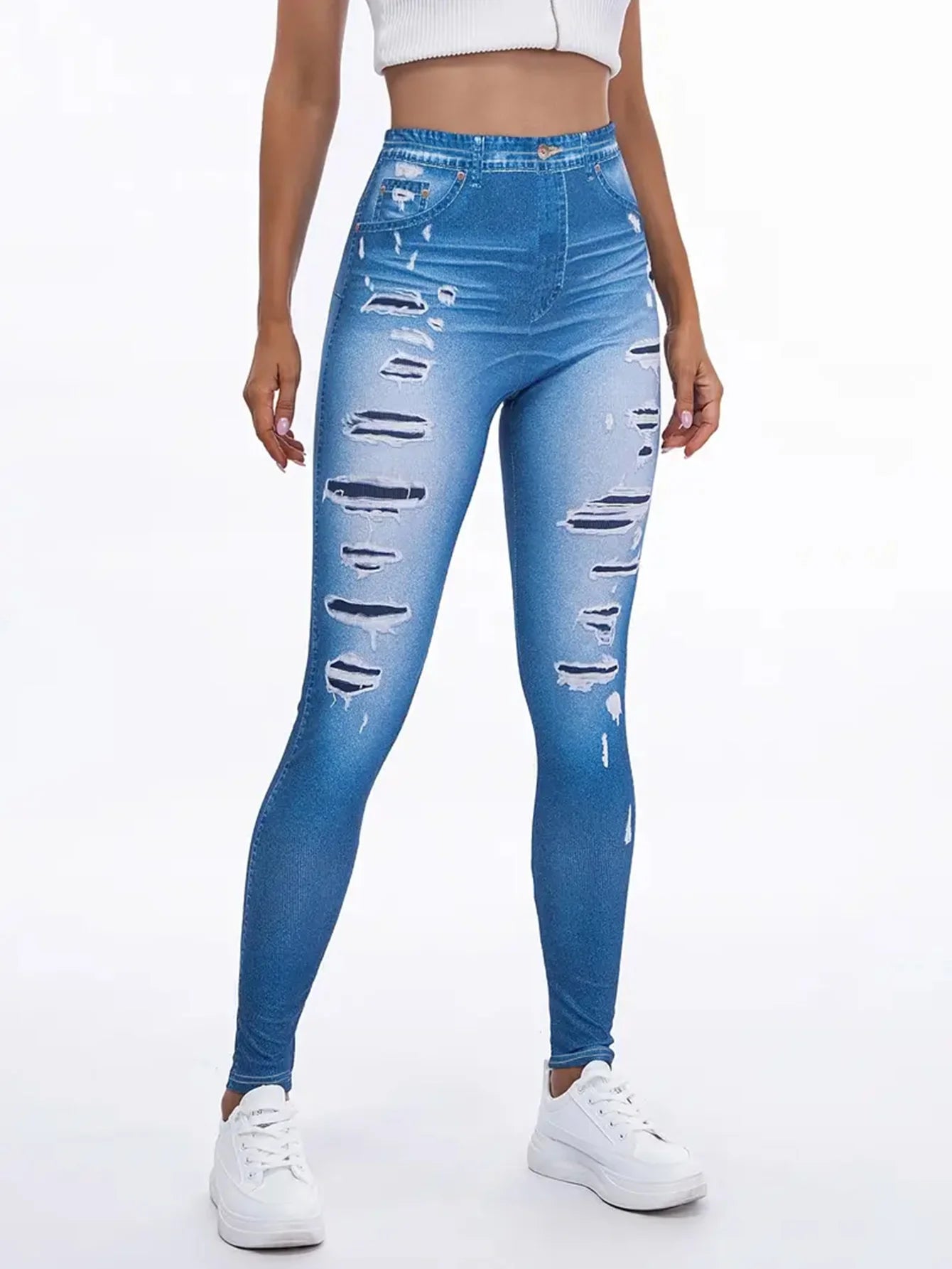 Spring Women's High Waisted Imitation Denim Printed Leggings Non-Denim Fabric Casual Skinny Pants Outdoor Sports Yoga Pants