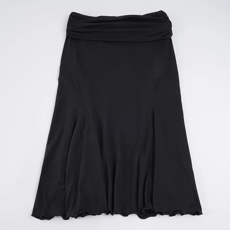 Basic Solid Mermaid Hem Skirts Slim Black Folds Low-Waisted Midi Skirts Women 2025 Summer Fashion Streetwear Lady Party Bottoms