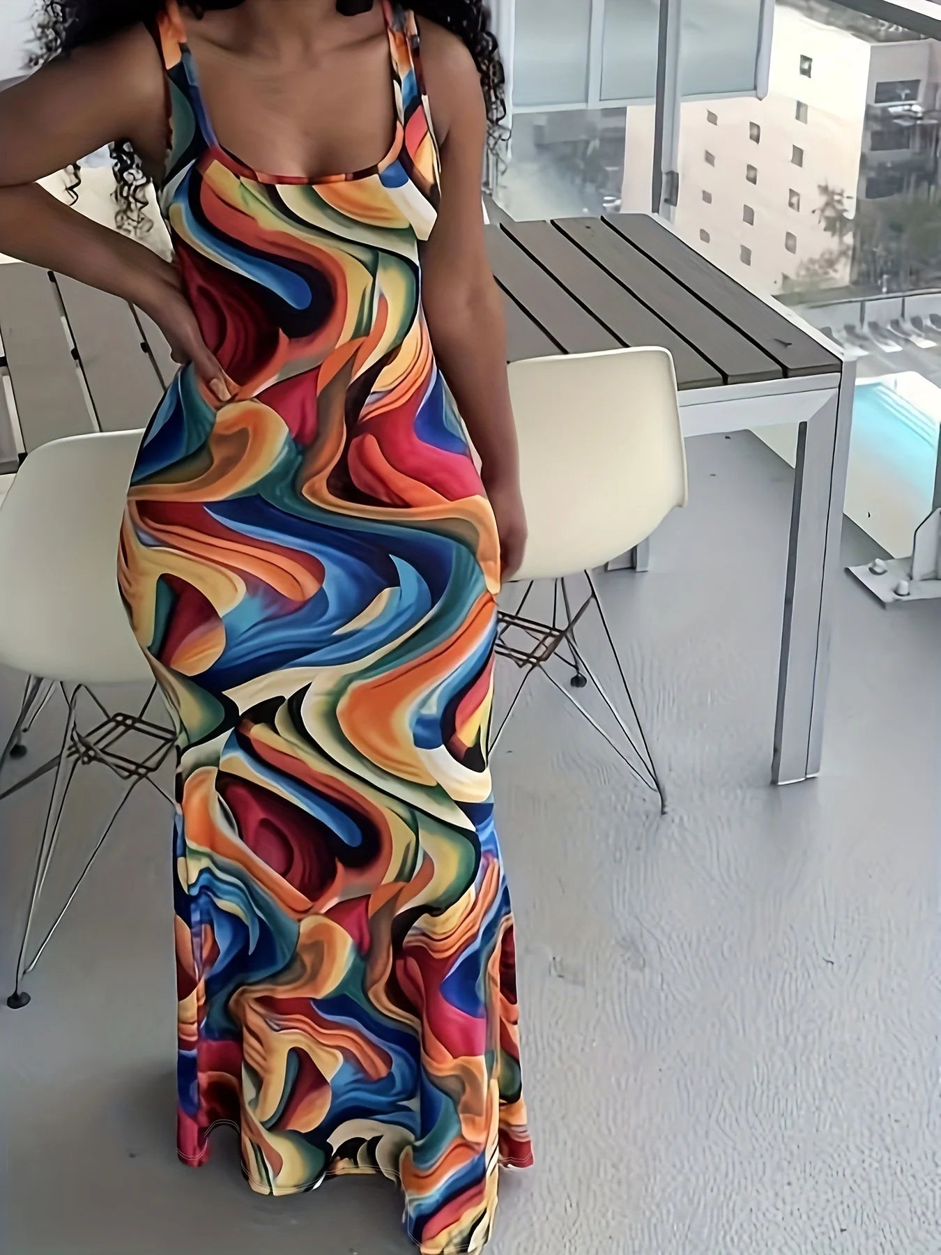 Large size summer new abstract fluid print suspender long dress with colorful wavy pattern slim fit hip hugging sleeveless dress
