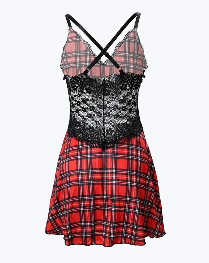 Womens Dresses 2024 Summer Plaid Print Crisscross Backless Sleep Dress Contrast Lace Plunge Sleeveless Nightgown Sleepwear