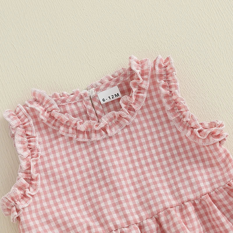 Toddler Kid Girls Summer Clothes Children Outfit Sets Plaid Frill Trim Sleeveless Ruffle Tank Tops Elastic Waist Pants Suit