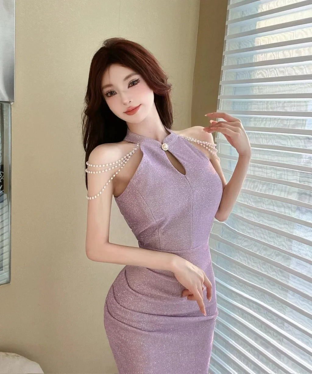 Jielur Purple Sexy Chain Tight Hip Chic Female Dresses Solid Color Hollow Out Sleeveless Y2k Fashion Women's Dress Party Club