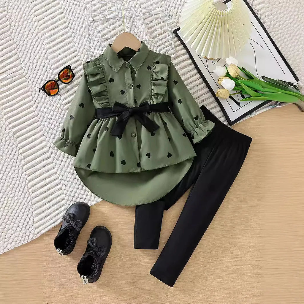 Prowow Kids Clothes Girls Outfit Sets 2024 Fall Winter Irregular Heart Printed Belted Blouse and Pants 3pcs Sets For Children