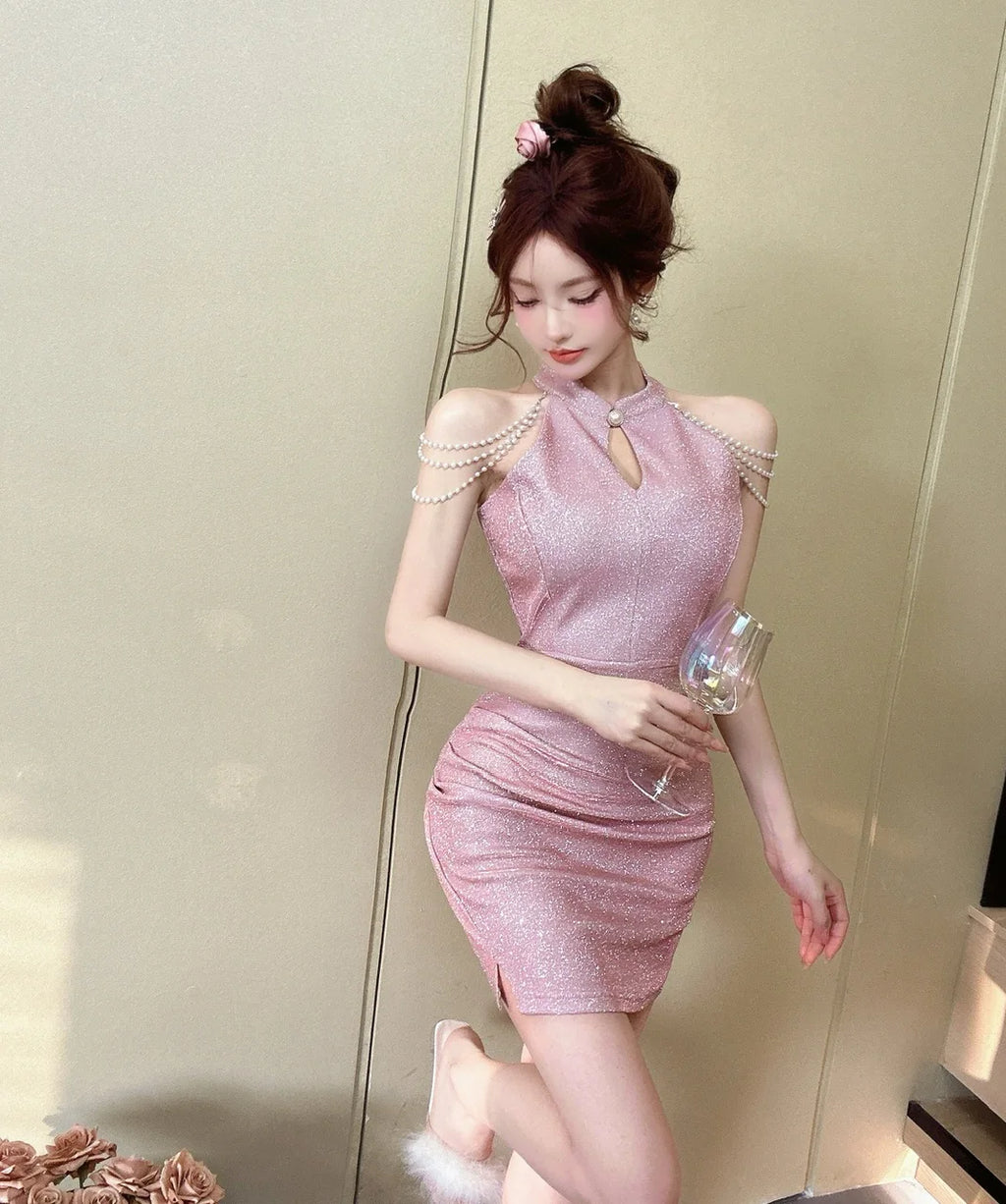 Jielur Purple Sexy Chain Tight Hip Chic Female Dresses Solid Color Hollow Out Sleeveless Y2k Fashion Women's Dress Party Club