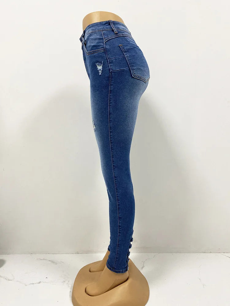2026 Jeans Pencil Pants Women Denim Stretch High Waist Skinny Distressed Ripped Washed Pocket Button Vintage Trousers Streetwear