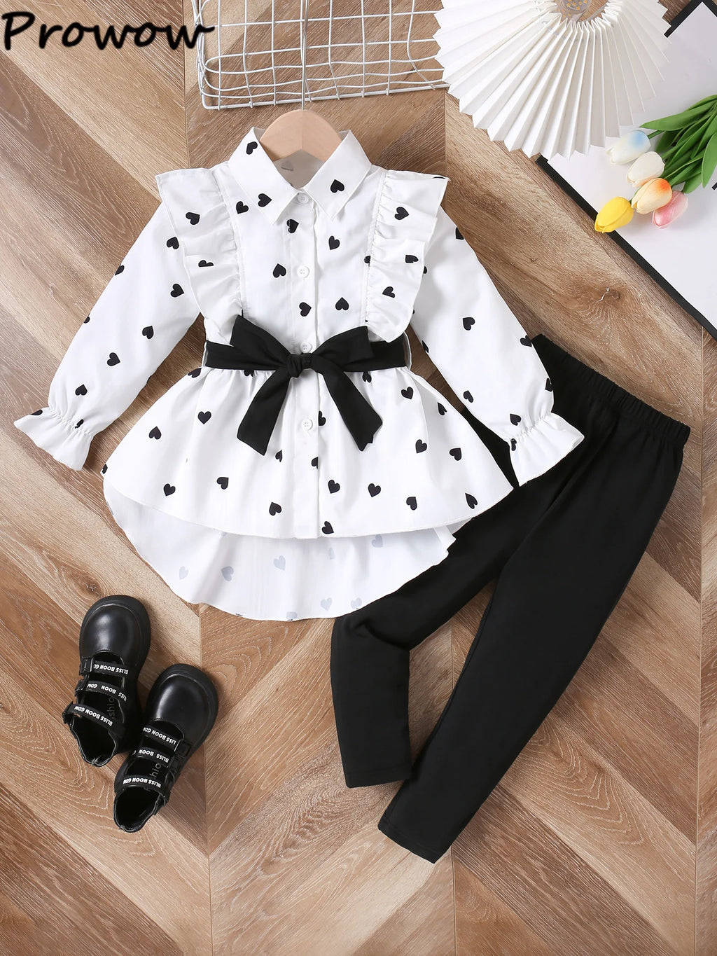 Prowow Kids Clothes Girls Outfit Sets 2024 Fall Winter Irregular Heart Printed Belted Blouse and Pants 3pcs Sets For Children