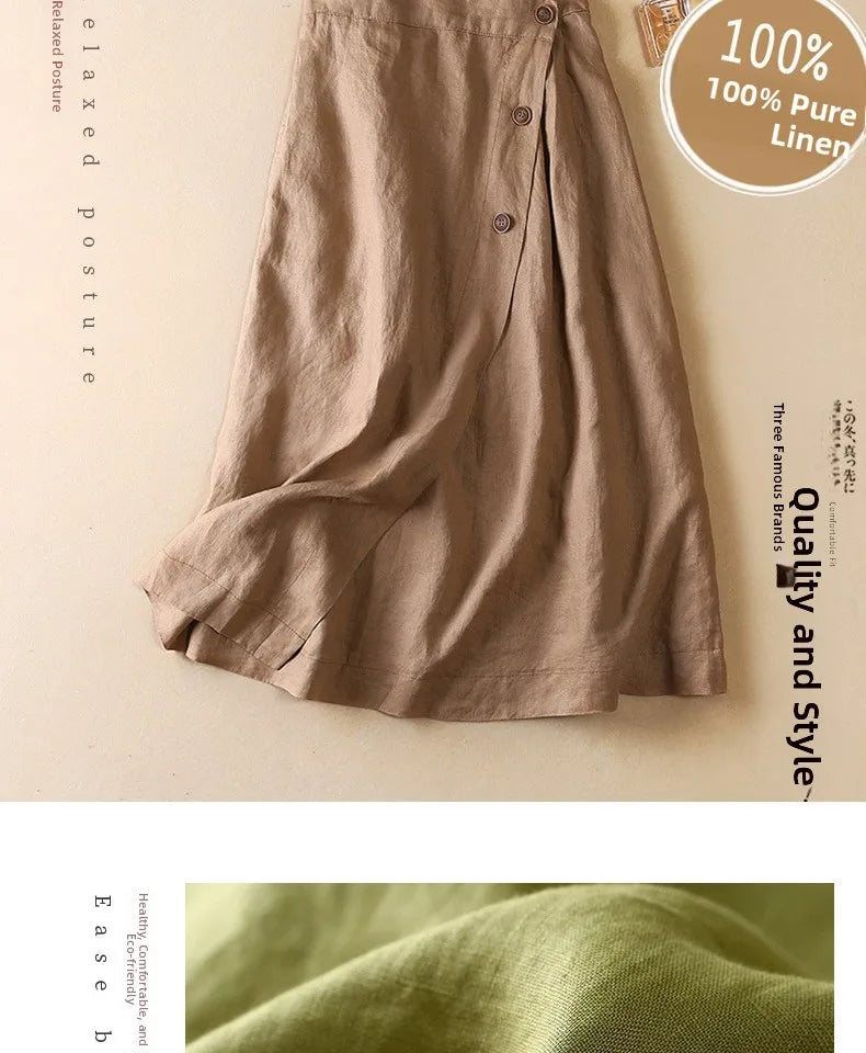 High-End Cotton Linen A-Line Midi Skirt Women's plus Size Loose Slimming Casual Artistic Style Summer Skirts for plus Size
