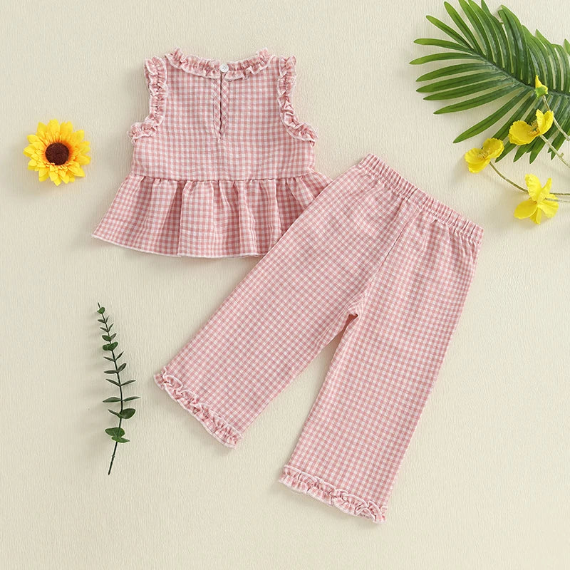 Toddler Kid Girls Summer Clothes Children Outfit Sets Plaid Frill Trim Sleeveless Ruffle Tank Tops Elastic Waist Pants Suit