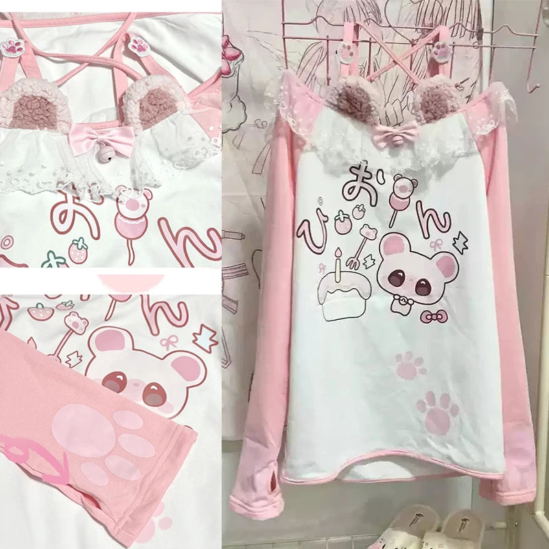 Women clothing Kawaii arcane Anime Printed T-shirt Autumn New Subculture Pink Long-sleeved T Shirt Fashion Halter Design Sense