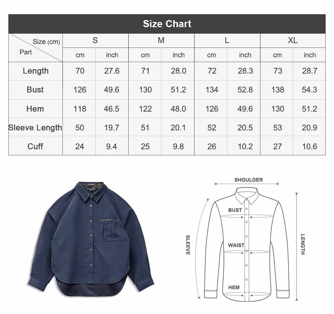 Maden Women’s Boro Vintage Long Sleeve Shirt Jacket Loose Fit Lapel Single Breasted Casual Spring Outerwear Dark Blue TOP