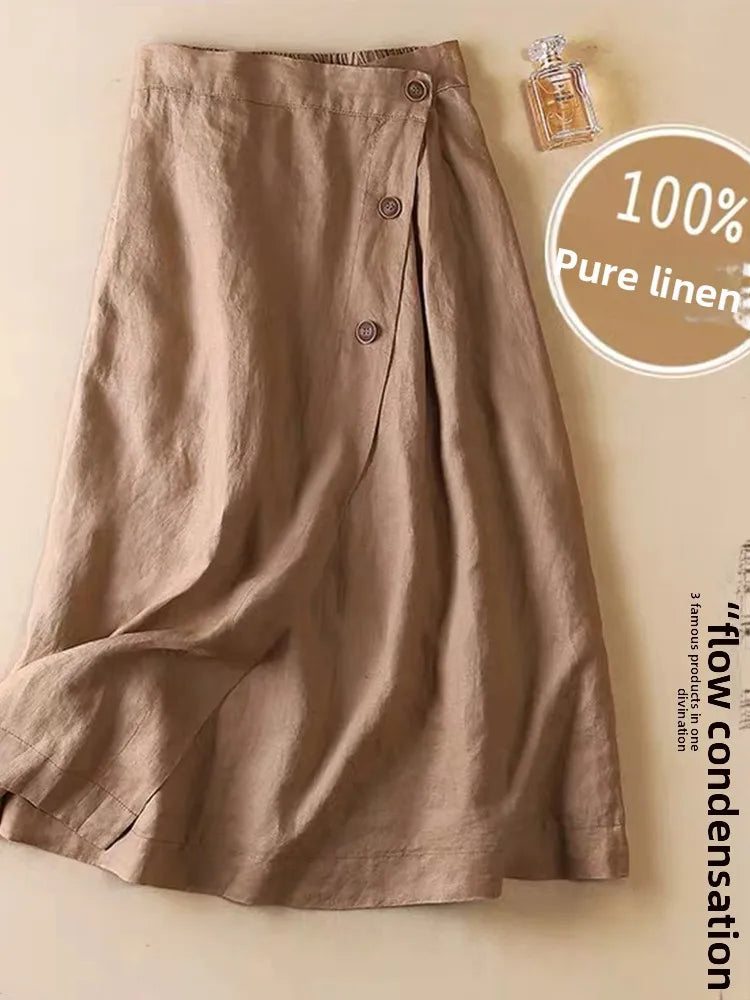 High-End Cotton Linen A-Line Midi Skirt Women's plus Size Loose Slimming Casual Artistic Style Summer Skirts for plus Size