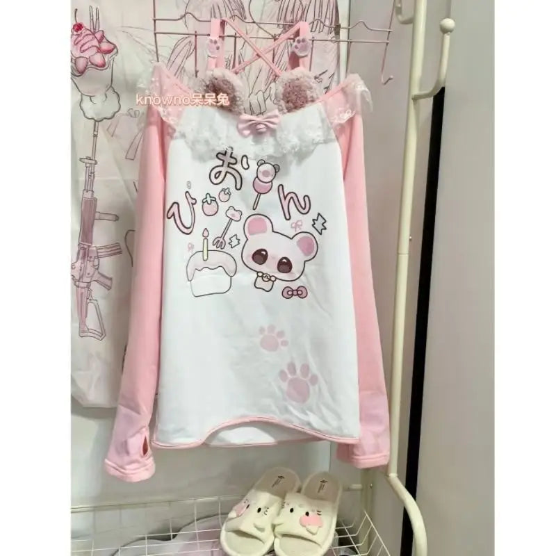 Women clothing Kawaii arcane Anime Printed T-shirt Autumn New Subculture Pink Long-sleeved T Shirt Fashion Halter Design Sense