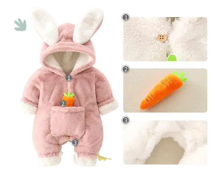 Baby Rompers Winter Warm Coral Fleece Newborn Baby Girl Clothes Cartoon Rabbit Coats Infant Jumpsuit Animal Overalls Pajamas