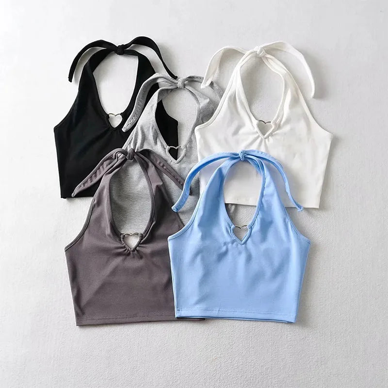 Sweet Tanks Top Femme T Shirt Vintage Cami Top Women Clothing Halter Tees Korean Fashion Clothing Heart-shape Knitted