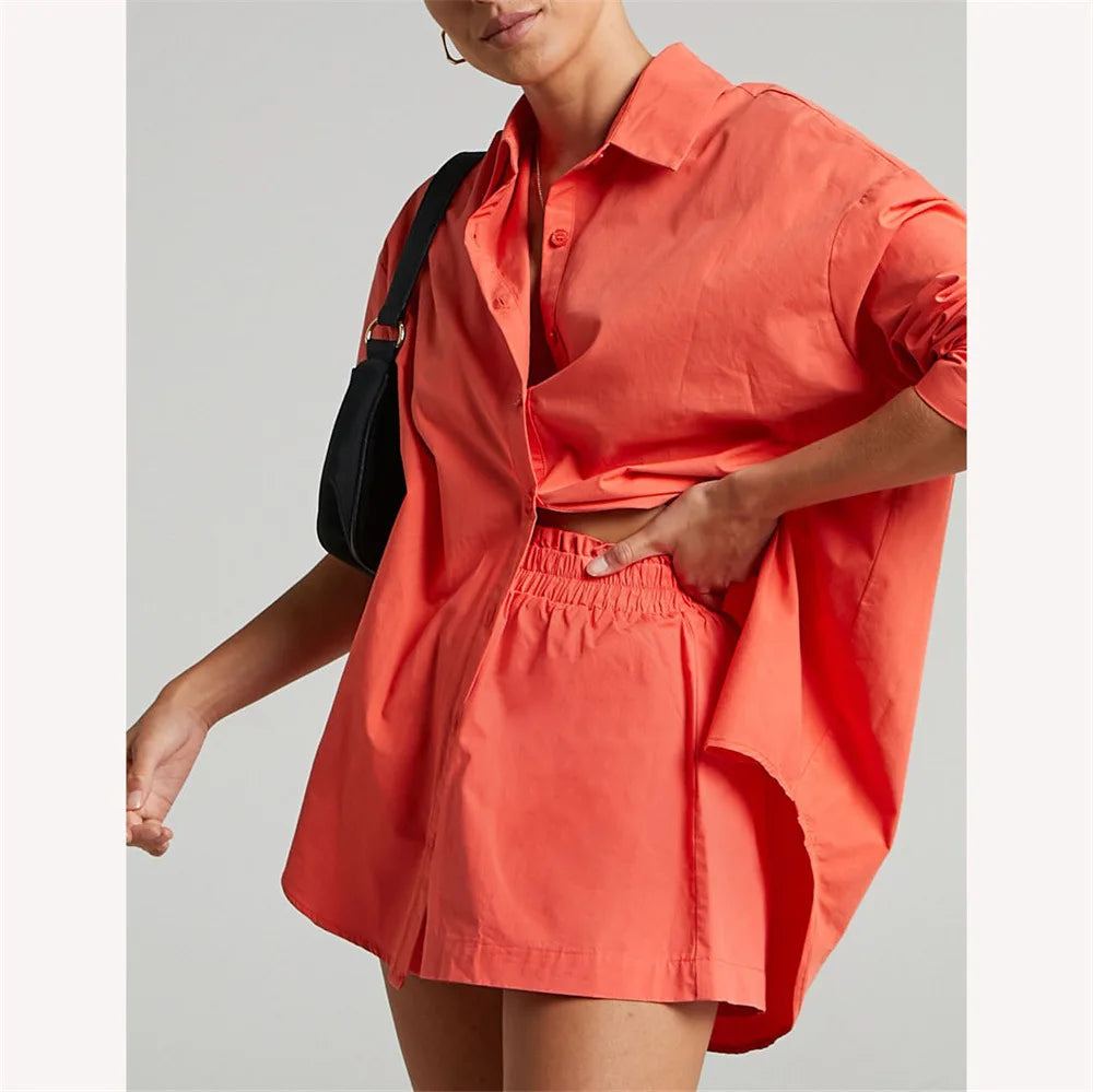 Women Tracksuits Shirt With Mini Shorts Cotton Two Pieces Sets Fashion Clothing Outfits Women Blouses Fashion Tracksuits
