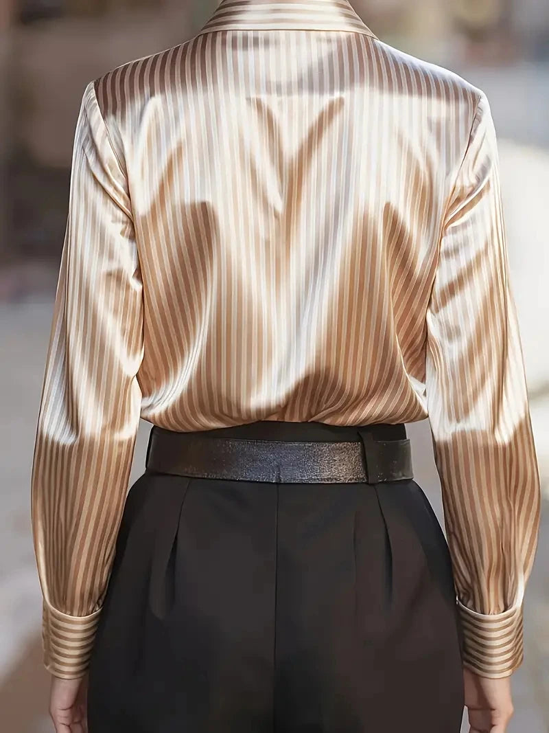 Elegant Satin Striped Long Sleeve Button Down Shirt for Women Vintage Style Office Wear Top