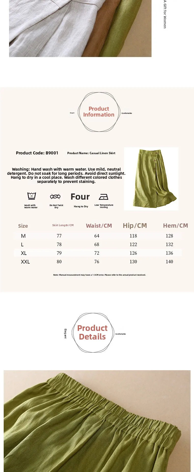 High-End Cotton Linen A-Line Midi Skirt Women's plus Size Loose Slimming Casual Artistic Style Summer Skirts for plus Size