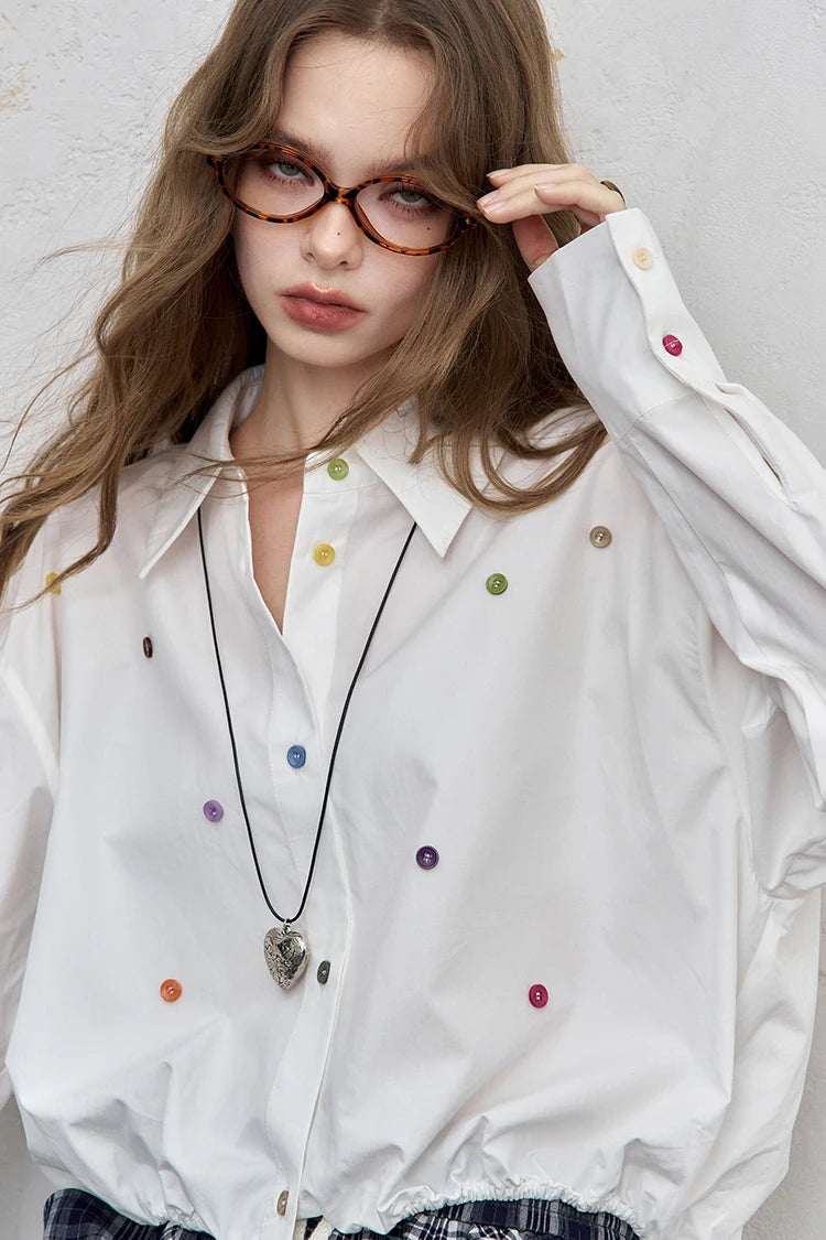 ELFSACK 2025 Autumn New Arrival Casual Loose Solid Dot Print Full Sleeve Shirt For Woman