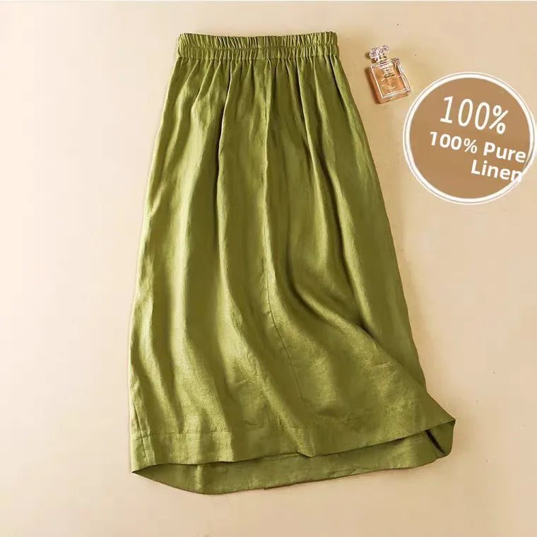 High-End Cotton Linen A-Line Midi Skirt Women's plus Size Loose Slimming Casual Artistic Style Summer Skirts for plus Size