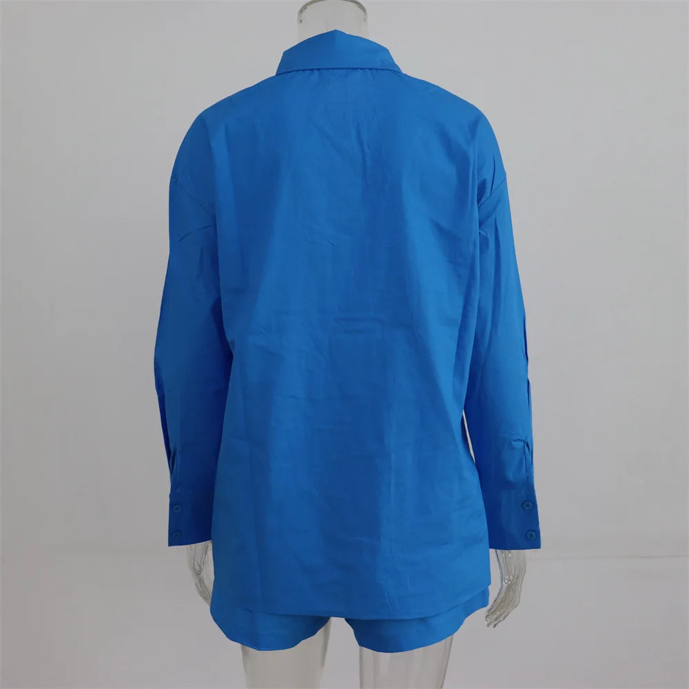 Women Tracksuits Shirt With Mini Shorts Cotton Two Pieces Sets Fashion Clothing Outfits Women Blouses Fashion Tracksuits