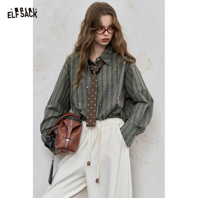 ELFSACK 2025 Autumn New Arrival Casual Loose Solid Dot Print Full Sleeve Shirt For Woman