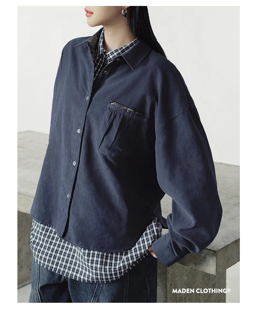 Maden Women’s Boro Vintage Long Sleeve Shirt Jacket Loose Fit Lapel Single Breasted Casual Spring Outerwear Dark Blue TOP