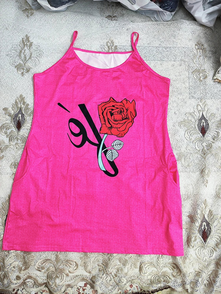 Rose Pattern Women's Dress Robe De Soirée De Mariage Vest Printed Sleeveless Dress V Neck Dresses платье женское