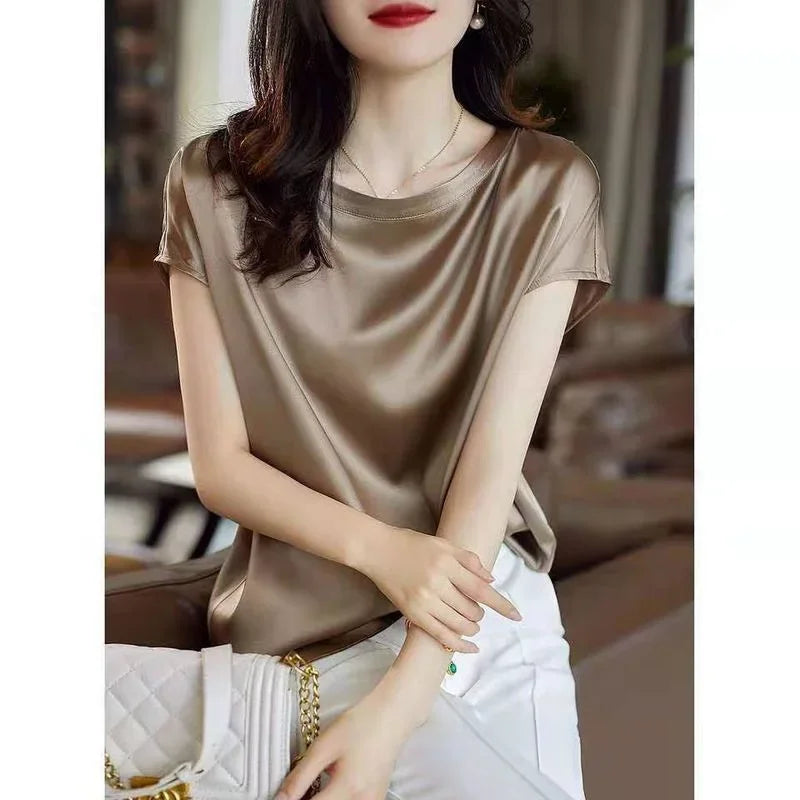 S-4XL Solid Silk Thin Short Sleeve Tees Slip Woman Summer Clothes Elegant Black Brown Tops Solid Loose Casual Korean Style
