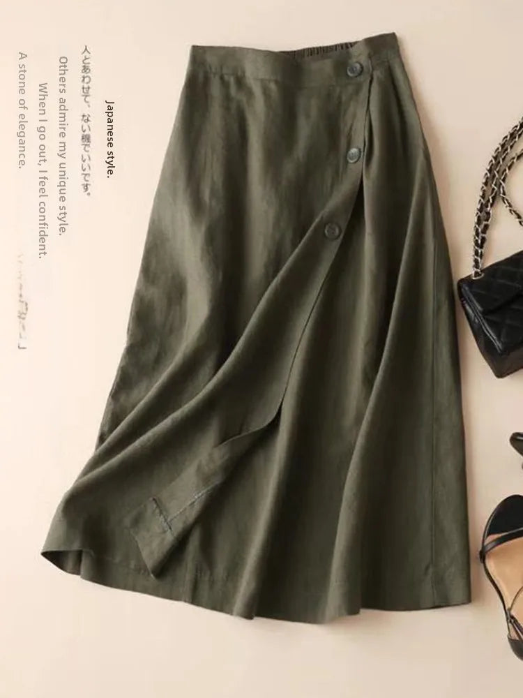 High-End Cotton Linen A-Line Midi Skirt Women's plus Size Loose Slimming Casual Artistic Style Summer Skirts for plus Size