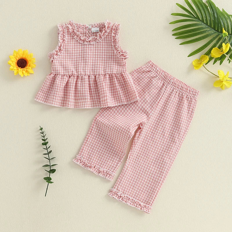 Toddler Kid Girls Summer Clothes Children Outfit Sets Plaid Frill Trim Sleeveless Ruffle Tank Tops Elastic Waist Pants Suit