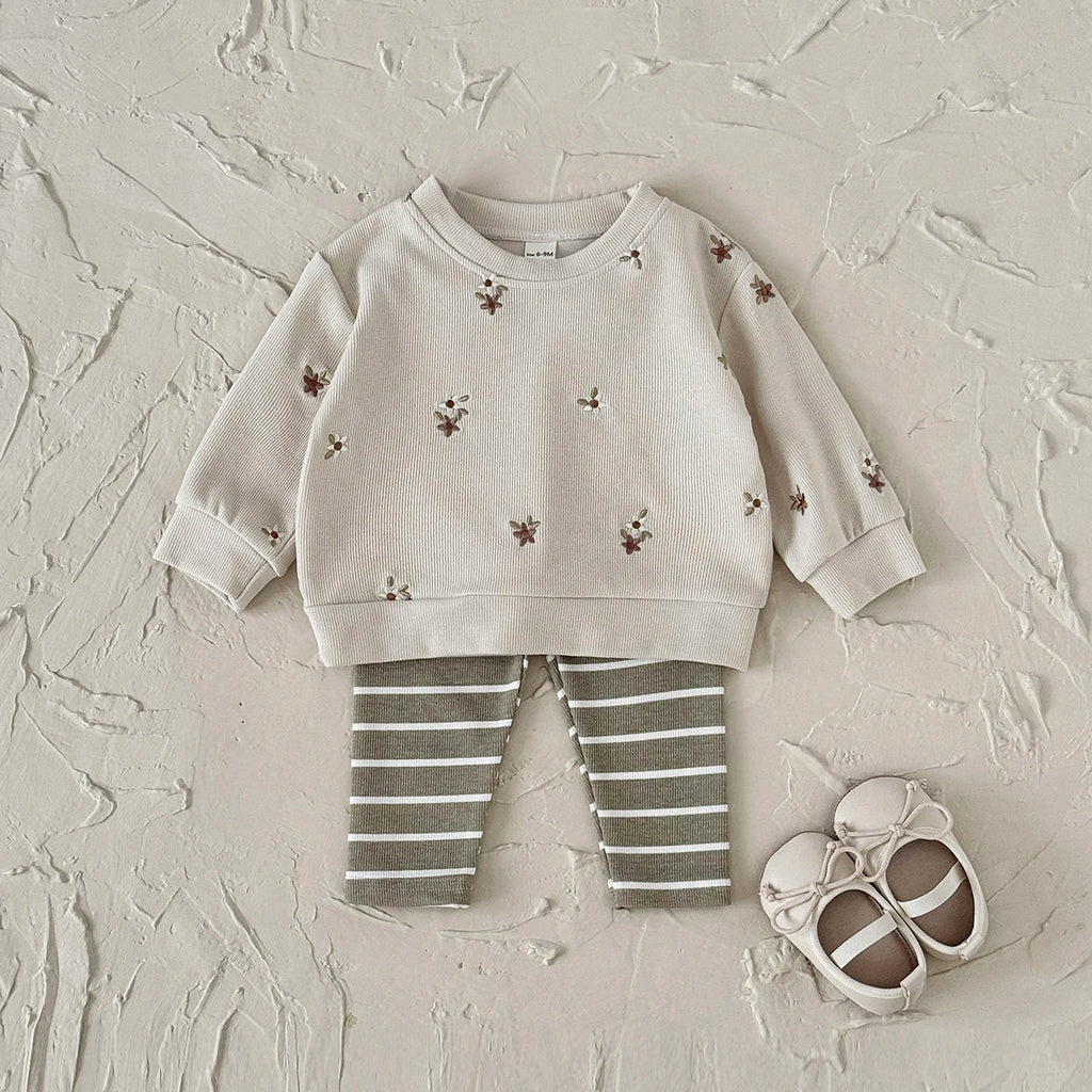 Baby Girl Clothes New Design Fashion Spring Fall Floral Embroidery Top+Casual Striped Pant Sets Baby Clothes for Newborn
