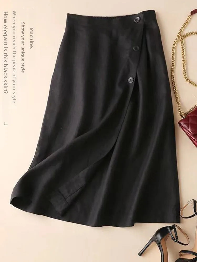 High-End Cotton Linen A-Line Midi Skirt Women's plus Size Loose Slimming Casual Artistic Style Summer Skirts for plus Size
