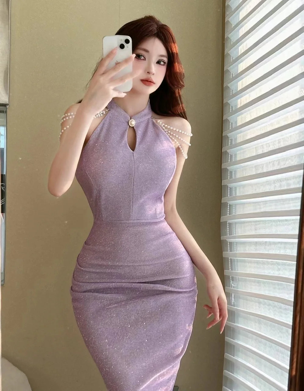 Jielur Purple Sexy Chain Tight Hip Chic Female Dresses Solid Color Hollow Out Sleeveless Y2k Fashion Women's Dress Party Club