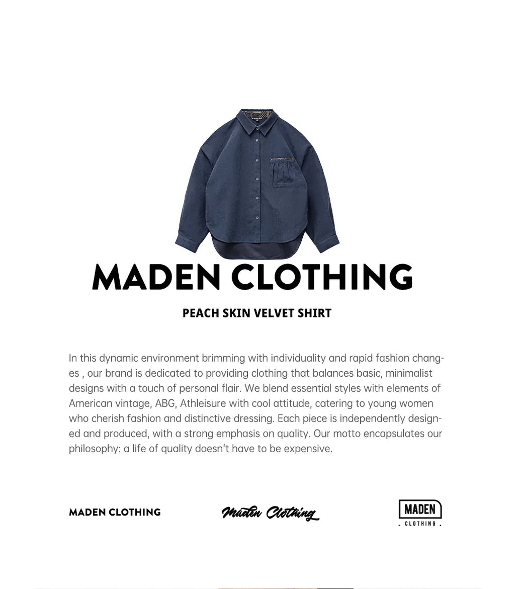Maden Women’s Boro Vintage Long Sleeve Shirt Jacket Loose Fit Lapel Single Breasted Casual Spring Outerwear Dark Blue TOP