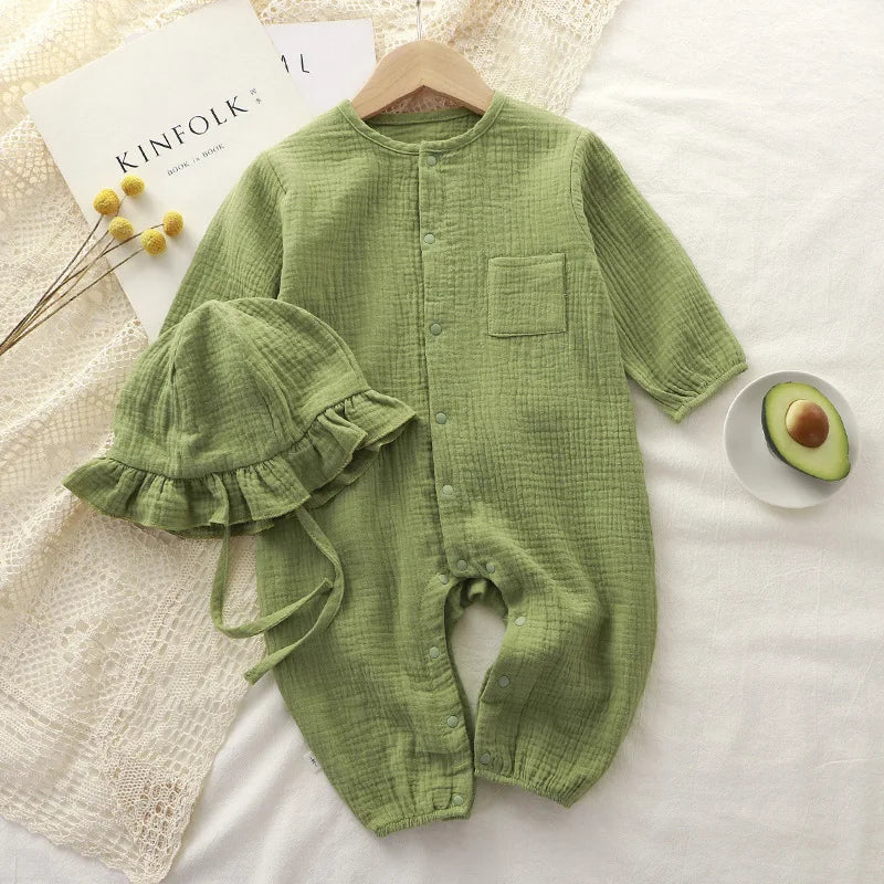 Newborn Baby Clothes Spring Autumn 100% Cotton Gauze Romper Cap Set Onepiece Pijamas Muslin White Waffle Jumpsuit Mamelucos Ropa