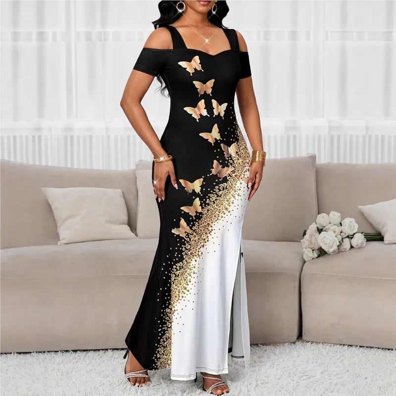 Slit Dress Vestidos Dresses 2025 Woman Women's Clothing Butterfly Printed Contrast Off Shoulder Sleeveless Elegant Temperament