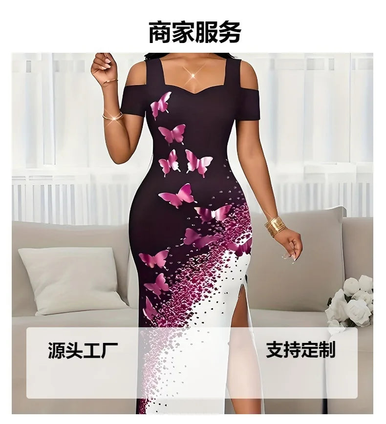 Summer Long Dress Elegant Fashionable Slim-fitting Printed Commuting Style V-neck Off-shoulder Slit Mid-waist Sleeveless Dresses