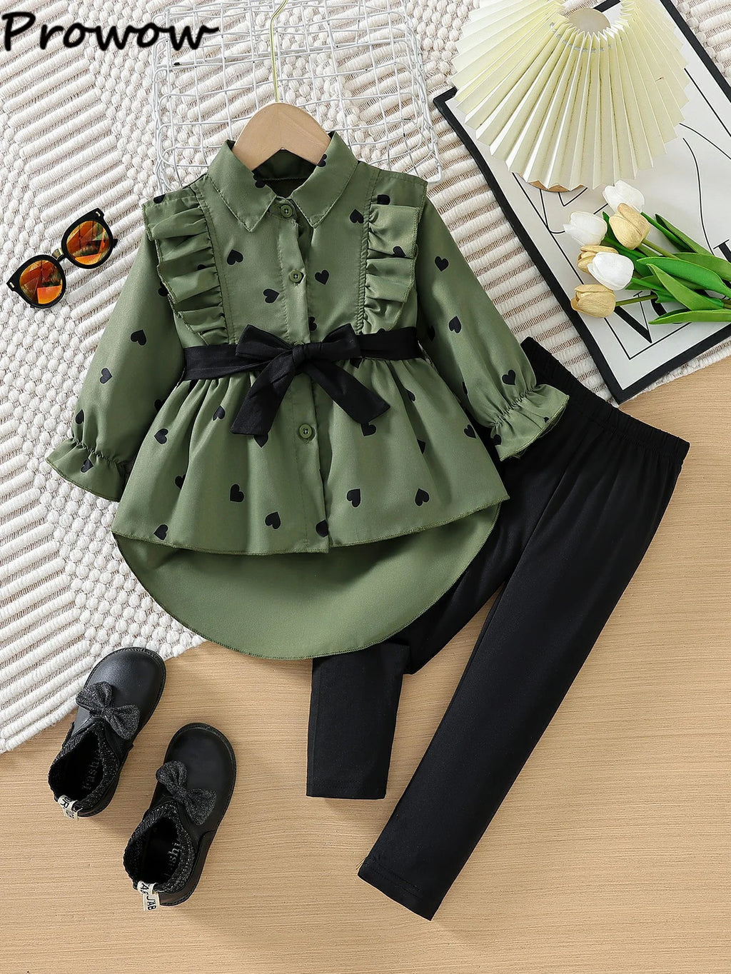 Prowow Kids Clothes Girls Outfit Sets 2024 Fall Winter Irregular Heart Printed Belted Blouse and Pants 3pcs Sets For Children