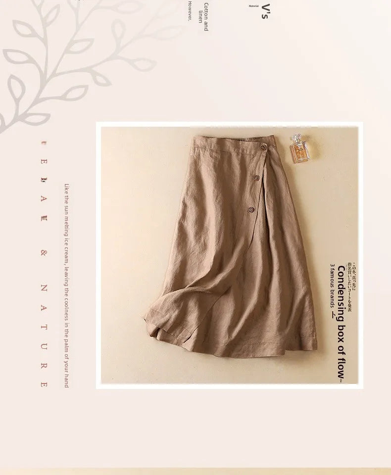 High-End Cotton Linen A-Line Midi Skirt Women's plus Size Loose Slimming Casual Artistic Style Summer Skirts for plus Size