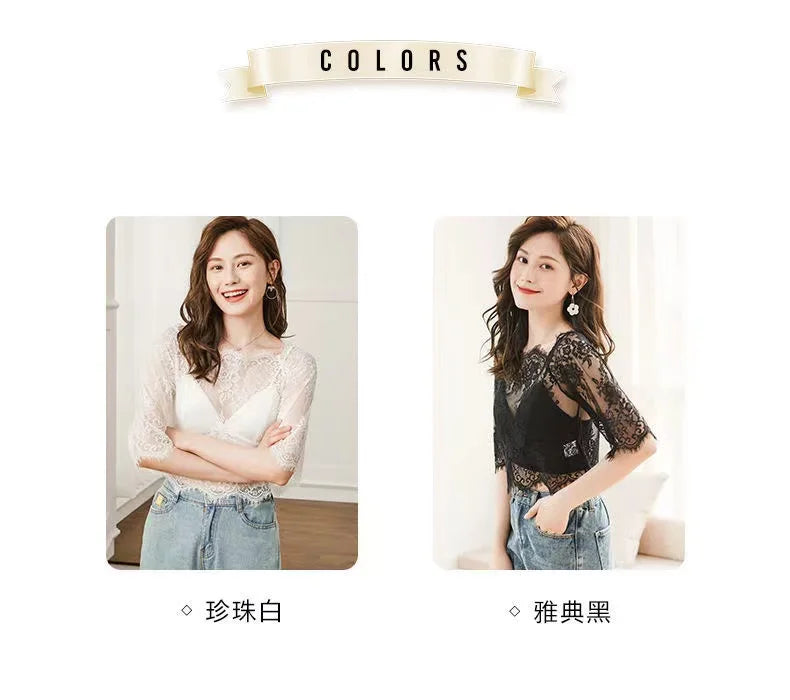 Summer Women Lace Floral Embroidery Blouses Shirt Ladies Tops Sexy Mesh Blouses Transparent Elegant See-through Black Shirt