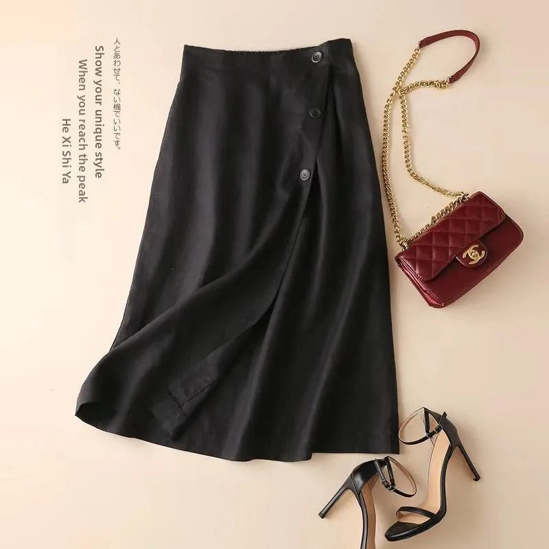 High-End Cotton Linen A-Line Midi Skirt Women's plus Size Loose Slimming Casual Artistic Style Summer Skirts for plus Size