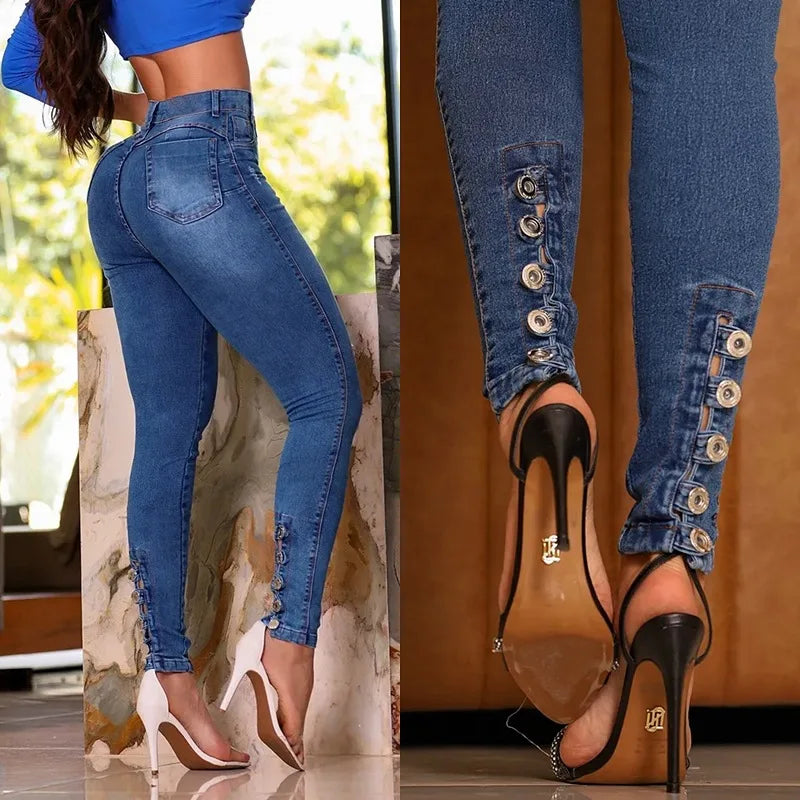 2026 Jeans Pencil Pants Women Denim Stretch High Waist Skinny Distressed Ripped Washed Pocket Button Vintage Trousers Streetwear