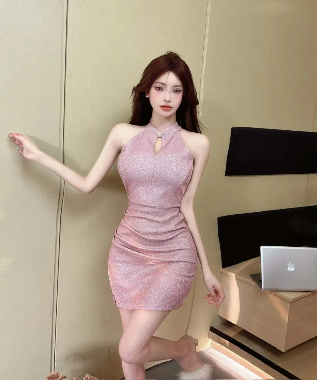 Jielur Purple Sexy Chain Tight Hip Chic Female Dresses Solid Color Hollow Out Sleeveless Y2k Fashion Women's Dress Party Club