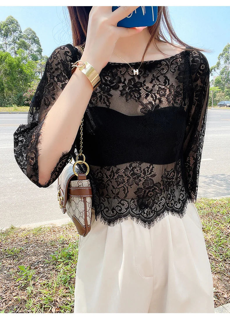 Summer Women Lace Floral Embroidery Blouses Shirt Ladies Tops Sexy Mesh Blouses Transparent Elegant See-through Black Shirt