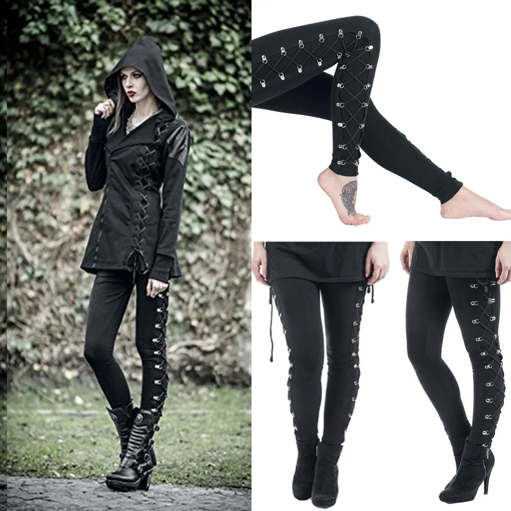 Gothic Lace Up Leggings Sexy Hollow Out Black Trousers Street Fashion Women's Pants High Waist Skinny Leggins Party Club Clothes