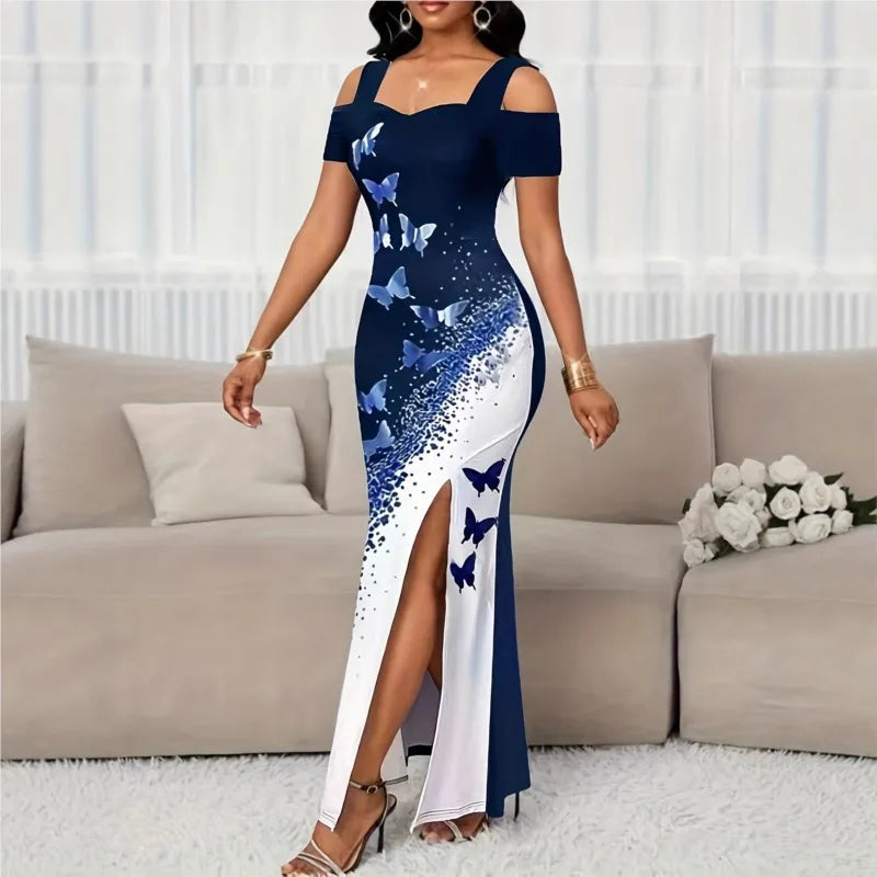 Slit Dress Vestidos Dresses 2025 Woman Women's Clothing Butterfly Printed Contrast Off Shoulder Sleeveless Elegant Temperament