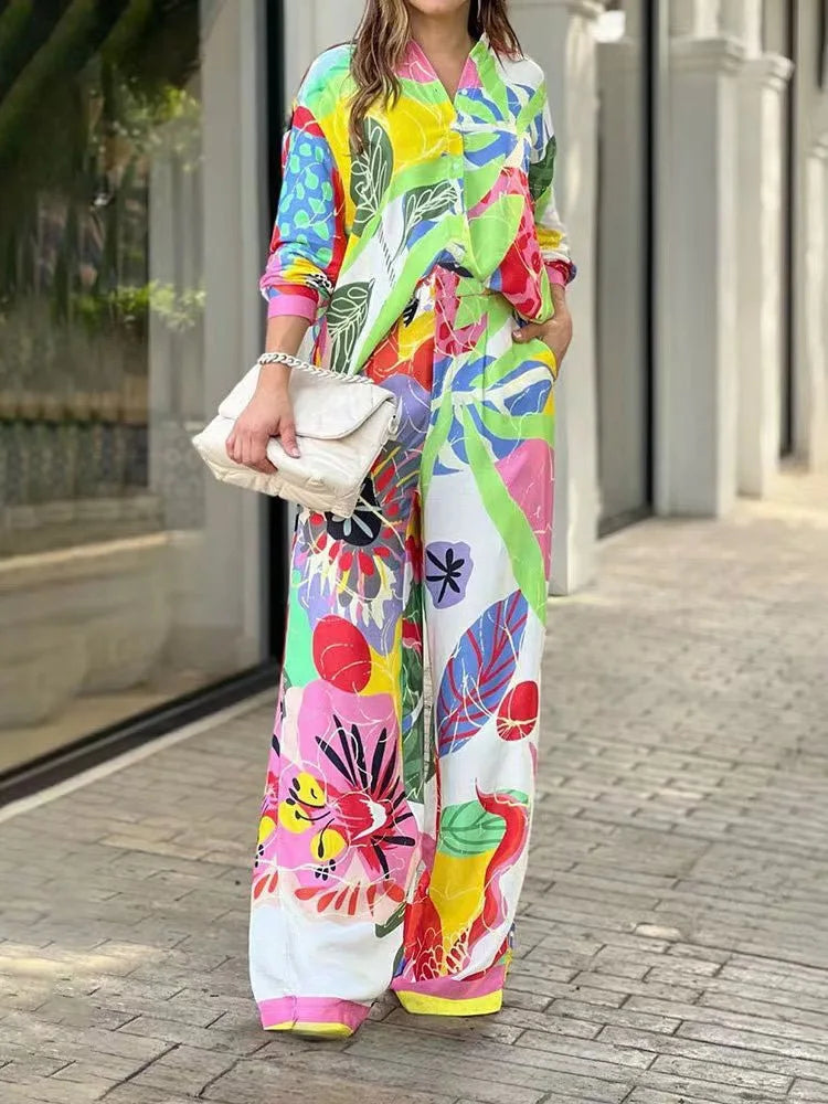 Fashion Color Print Two Piece Set Women Trendy Loose Long Sleeve Shirts Wide Legs Trousers 2 Piece Set Female Commuting Suits
