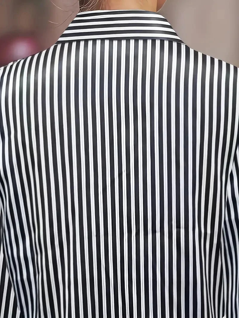 Elegant Satin Striped Long Sleeve Button Down Shirt for Women Vintage Style Office Wear Top
