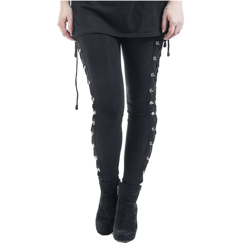 Gothic Lace Up Leggings Sexy Hollow Out Black Trousers Street Fashion Women's Pants High Waist Skinny Leggins Party Club Clothes