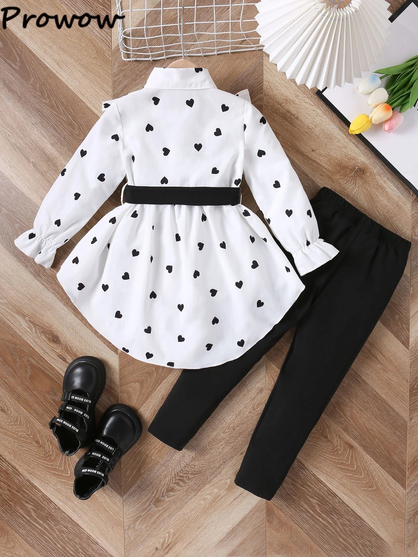 Prowow Kids Clothes Girls Outfit Sets 2024 Fall Winter Irregular Heart Printed Belted Blouse and Pants 3pcs Sets For Children